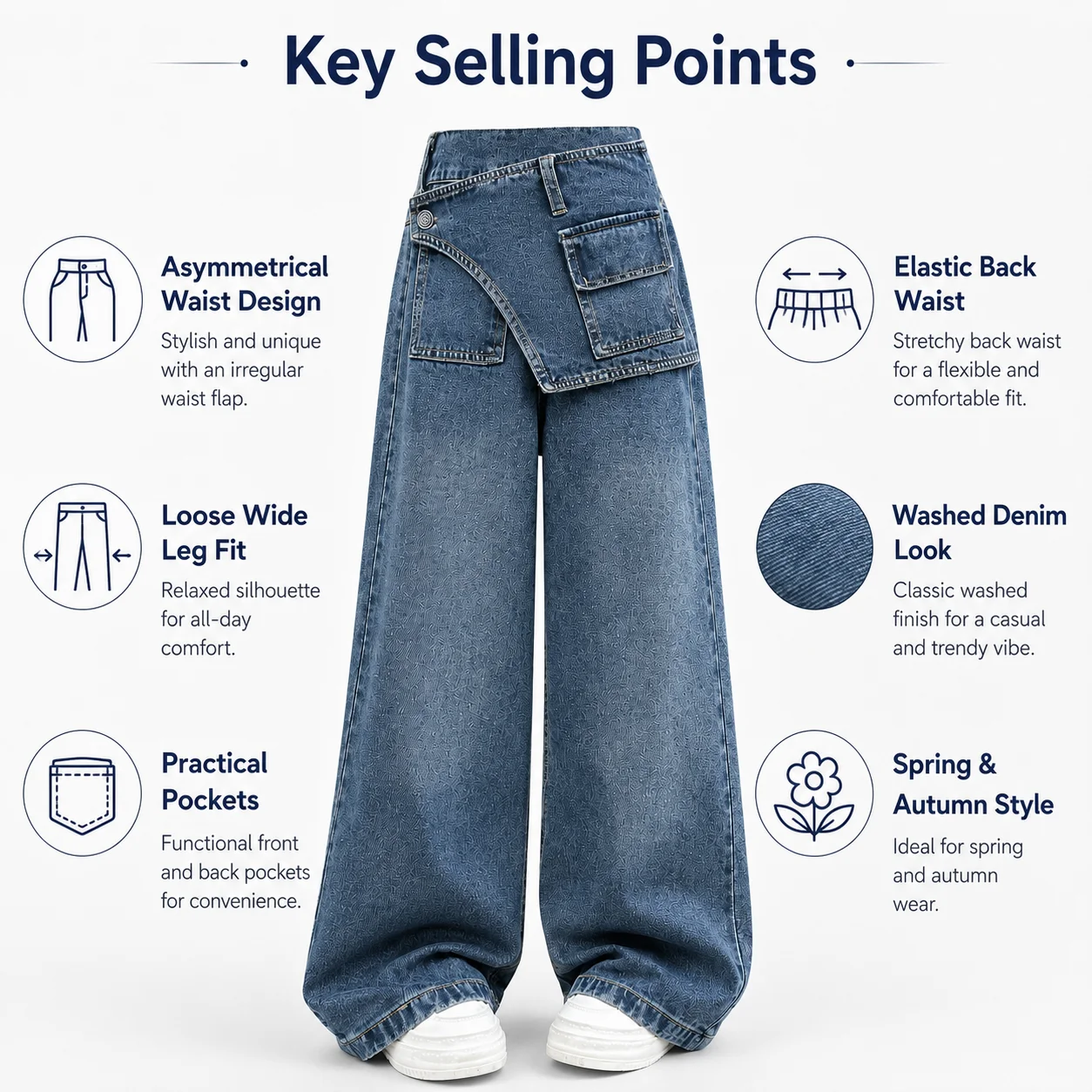 High-Waist Spring & Autumn Style Wide Leg Denim Jeans Two-Piece Look Women's Jeans