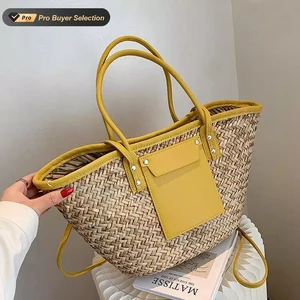 KALANTA Bohemia Pu Leather Splice Straw Tote Bags for Women Brands Patchwork High Capacity Shoulder Bag Straw Women Handbags