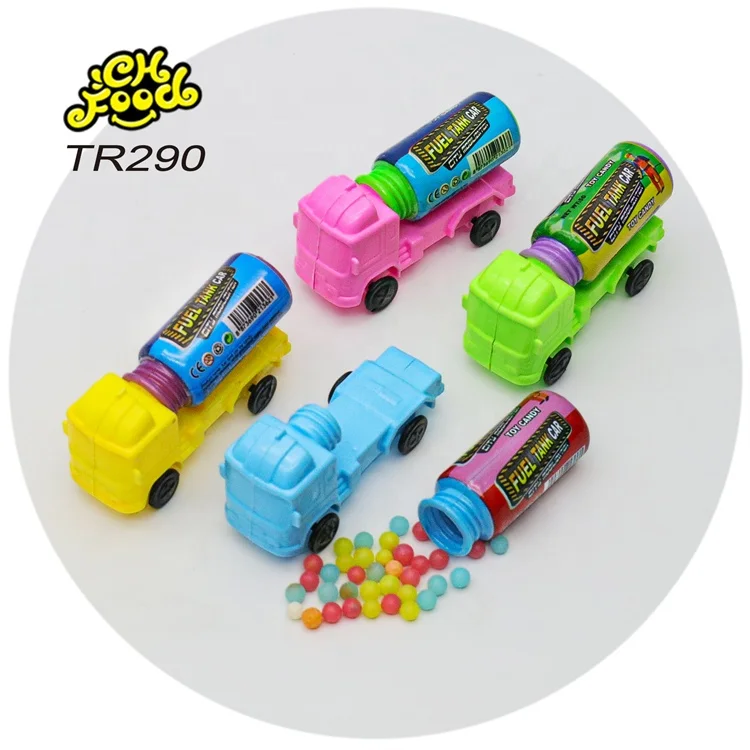 Fuel Tank Car Toy Candy Wholesale and OEM Plastic Car Toy with Fruit Flavor Mini Tablet Candy Ball