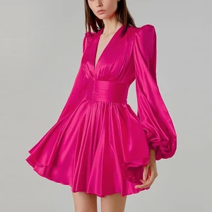 2026 OEM Fashion Elegant Long Sleeve High Waist V-neck Women Sexy Party 100% Silk Stain Flare Casual Dresses