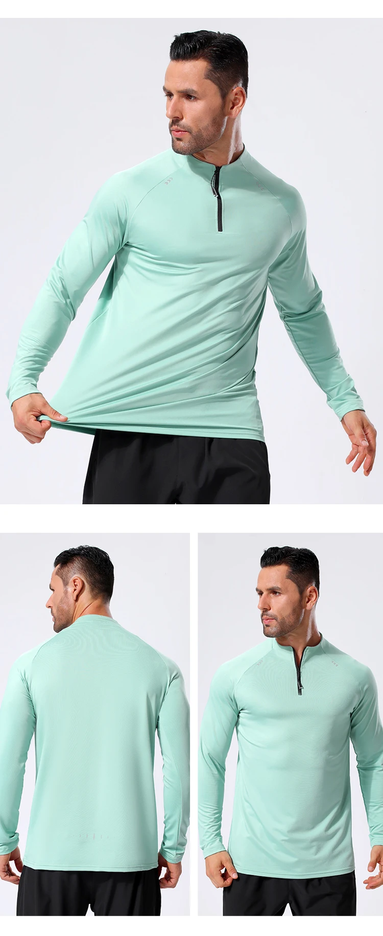 Men Sport Long Sleeve Shirt 90 Polyester 10 Spandex Muscle Reflective Design Zipper Collar Men