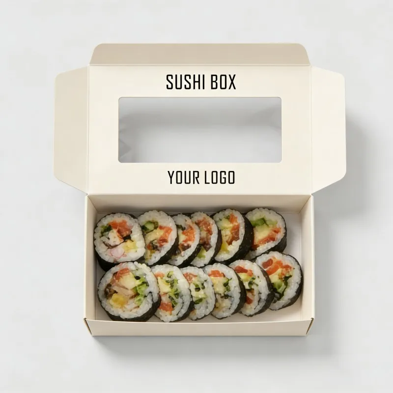 Scatola pieghevole per sushi molto richiesta con finestra, scatola bianca in carta kraft biodegradabile personalizzata con logo, stampata con inchiostro a base di soia, scatola per sushi da asporto con spazio per 2 porzioni