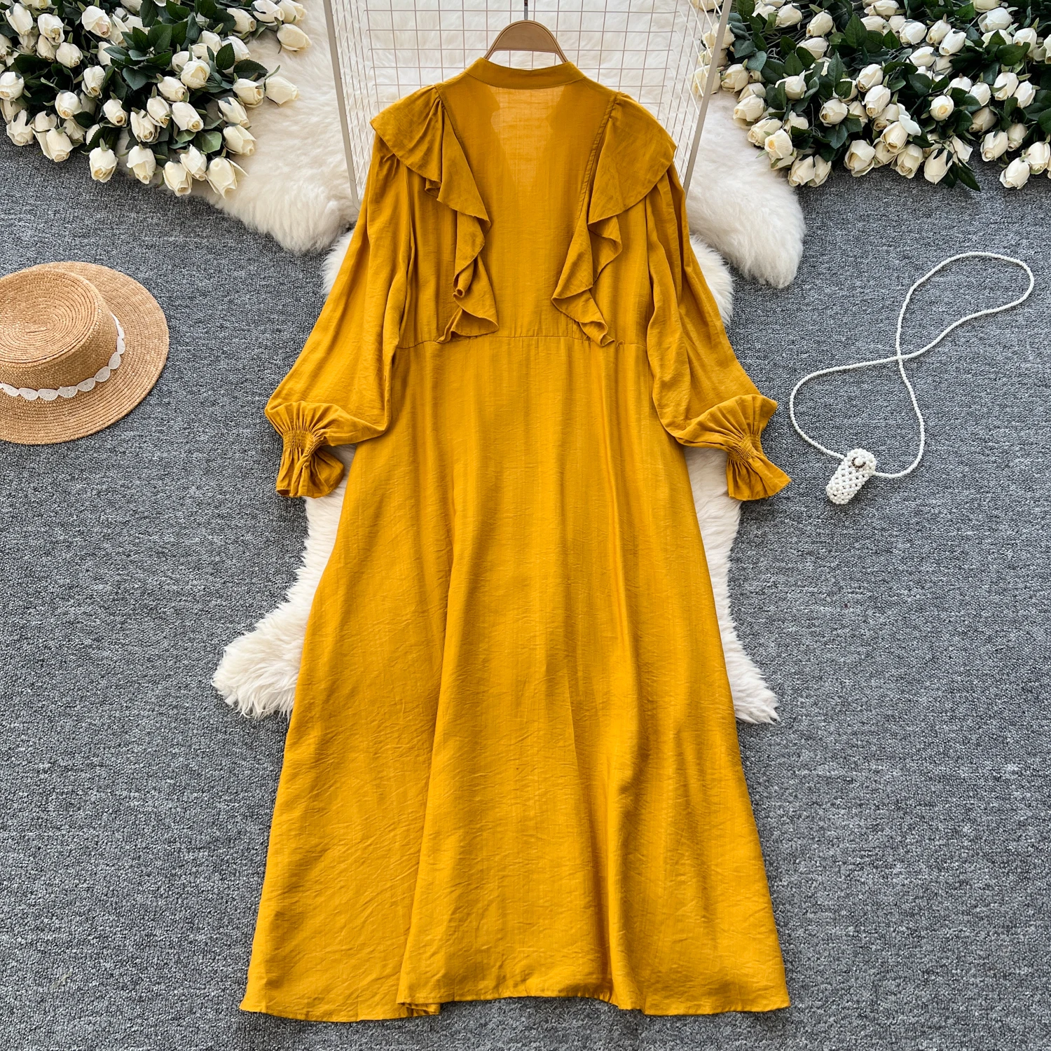 Winter Slim Casual Midi Dress for Women Long Sleeve Empire Ruffled Shift  Lace Dress Black Yellow