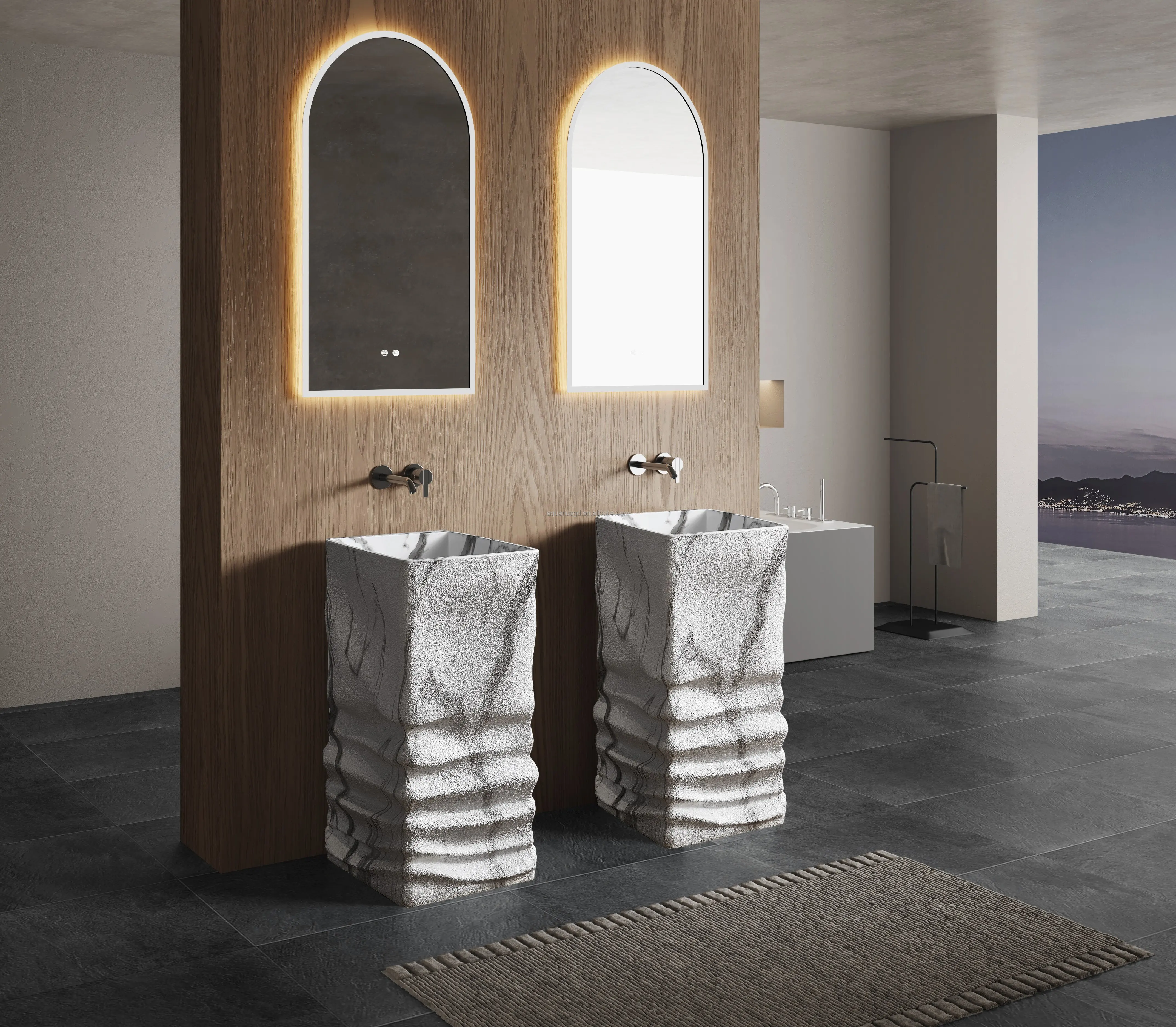 Marble veins Bathroom Sinks Resin Stone Freestanding Washbasin Floor Standing Basin Pedestal Solid Surface Hand Washing Sink