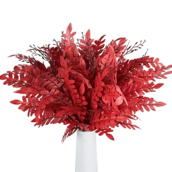 Artificial Red Locust Leaves Greenery Plants Stems Autumn Faux Shrub Bushes Silk Leaf Bouquet for Home Wedding Party Farmhouse