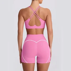 Contrast Color Gym Set Women Hollow Out Bra Tummy Control Shorts Breathable Conjunto De Yoga for Outdoor Running Training Wear