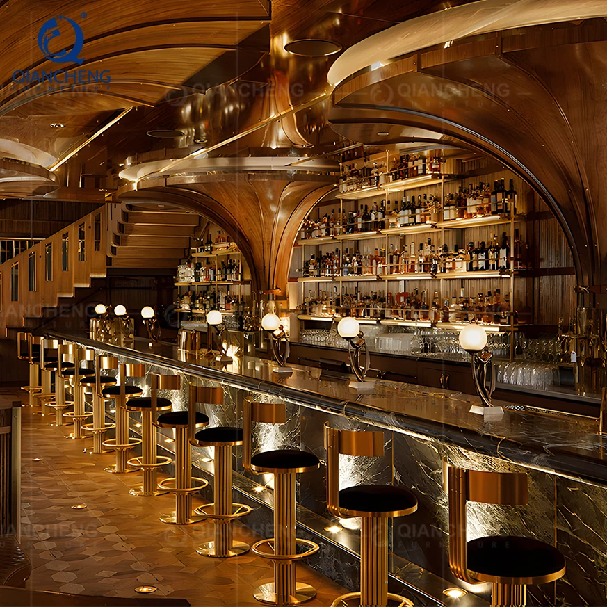 Высококачественный Современный барный стул QIANCHENG, Золотая рама из нержавеющей стали, роскошный высокий поворотный барный стул
