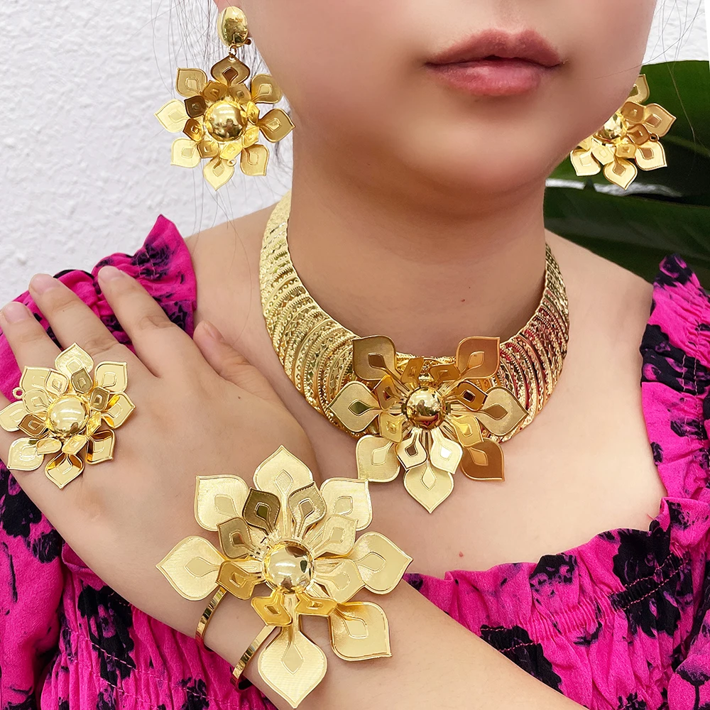 24k Gold Plated Large Size Jewelry Set With Flower Necklace Indian