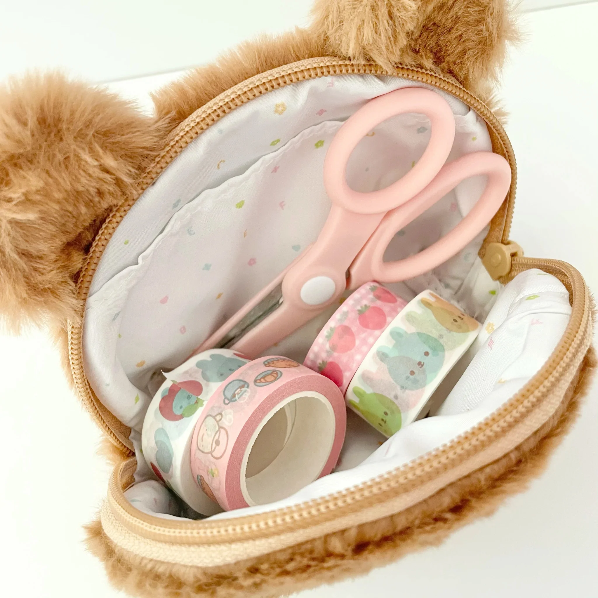 Plush Bear Head Shape Cosmetic Case Travel Small Cute Fluffy Teddy