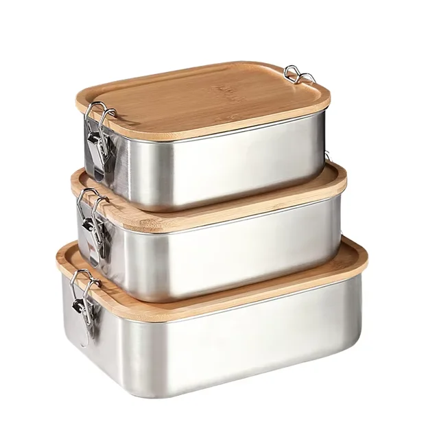 304 Food Grade Stainless Steel Lunch Box with Bamboo Lid Thickened Rectangular Compartment Picnic Box for Preserved Food