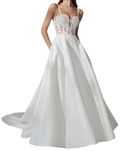 Sexy White Lace Appliques Strech Mikado a Line Gown With Notched Square Neckline Evening Gowns Sleeveless Ladies Wedding Dresses