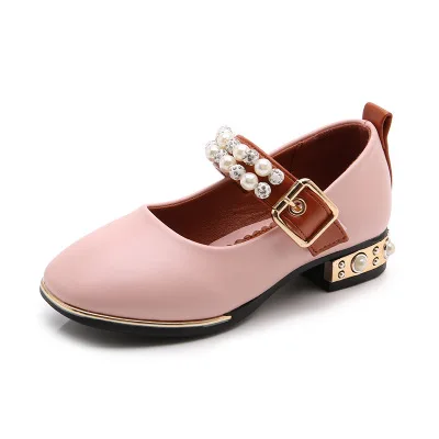 Оптовая продажа, новейшие стильные модные кожаные детские туфли принцессы на ремешке, обувь на высоком каблуке для девочек
