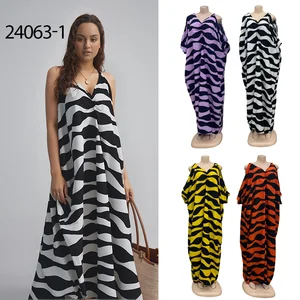 Wholesale Summer New Loose Breathable Stripe Printed Patchwork Fashion V-neck Dress