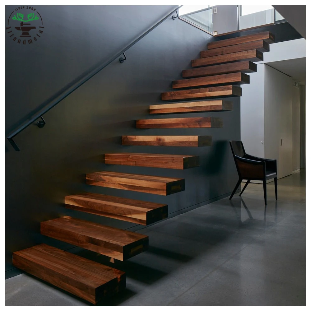 Big Landing Floating Stairs with Led Light White Oak Steps Standoff Glass Railing