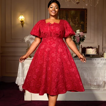 AM050342 Square Collar Puff Short Sleeve a Line Printing Wedding Dress Elegant Red Summer Casual Dress
