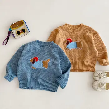 Autumn and Winter Fashionable Korean Style Baby Sweater Cartoon Loose Knitted Tops for Boys Girls O-Neck Collar Children's Tops