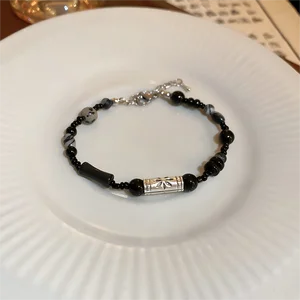 Muxcor Punk-Style Black Alloy Bracelet Beaded Custom Designer Fashion Jewelry for Gift Acrylic Natural Stone