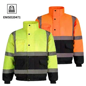 ANSI Class 3 Hi Vis Fleece Men Hi Vis Oxford Zipper Bomber Worker Coat Workwear High Visibility Reflective Safety Work Jacket