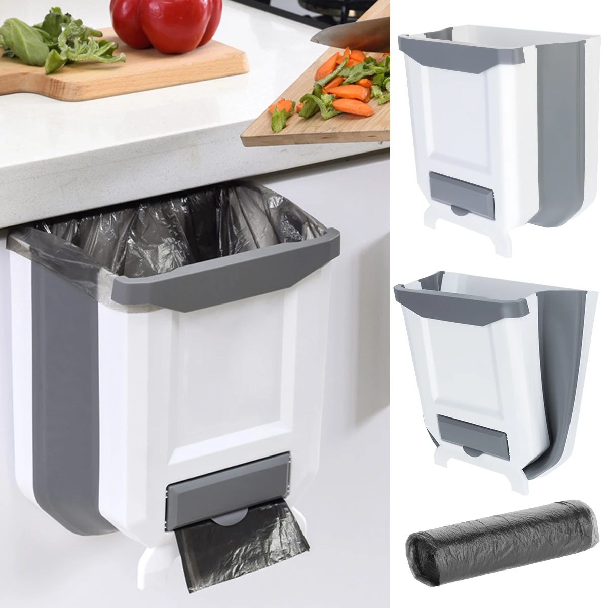 Kitchen Hanging Trash Bin Small Compact Foldable Garbage Can Attached