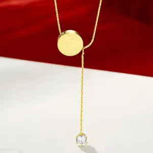 National Style High-end Fashion Plated 24K Lucky Zircon Tassel Clavicle Exquisite Niche Design Stainless Steel Bamboo Jewelry