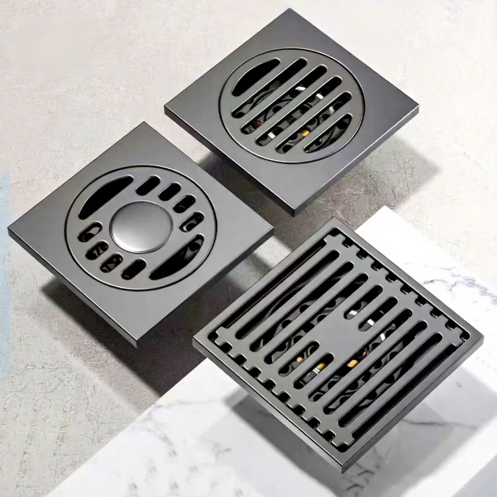 Gun Gray Stainless Steel Square Floor Drain Anti-Odor Anti- Insect Strainer, Modern Simple Design for Bathroom Shower Room