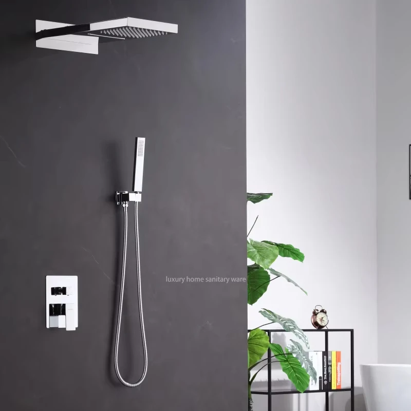 High-quality Concealed Electroplating Shower Faucet Set Waterfall Rain Mixer System Villa Hotel Bathroom Hidden