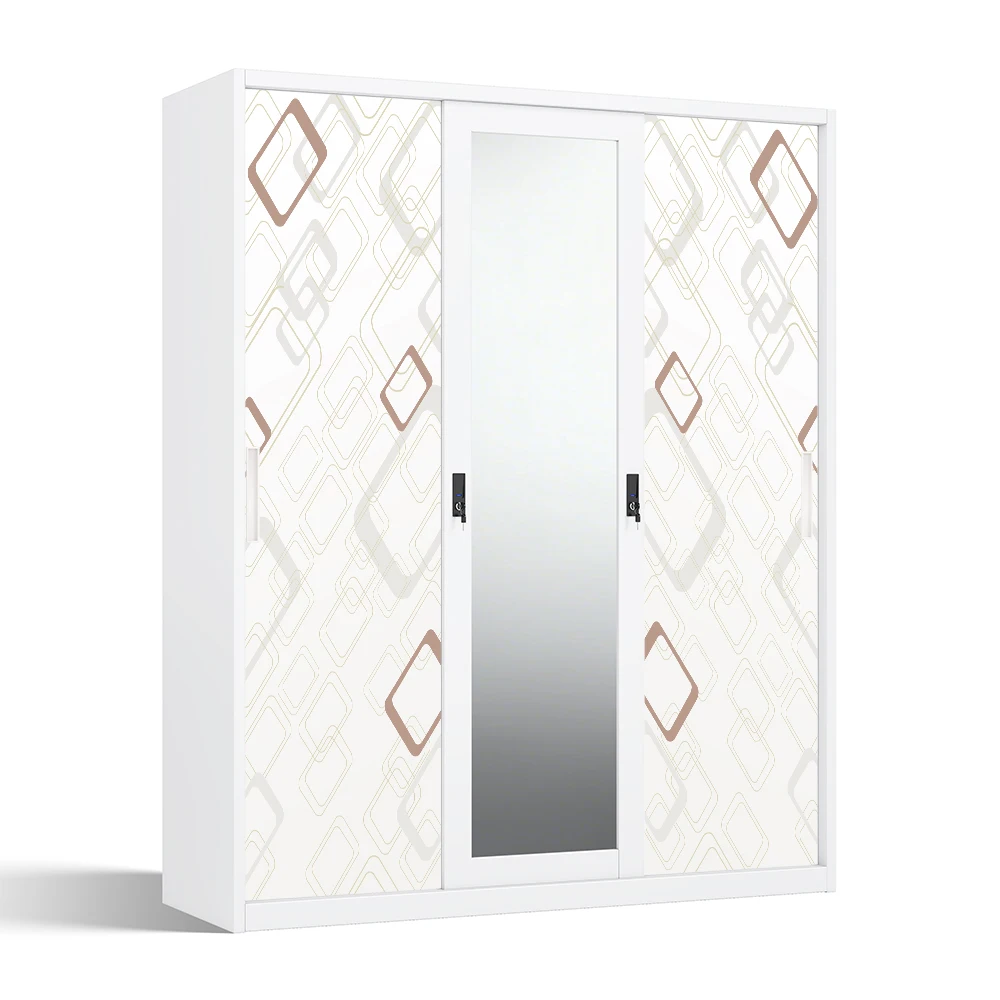 Printed Almirah Steel Wardrobe with Mirror and Sliding Doors 1500mm for Bedroom