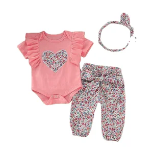 Children Romper with Floral Filled Heart Short Sleeves Big  Bow Knot Flower Pants