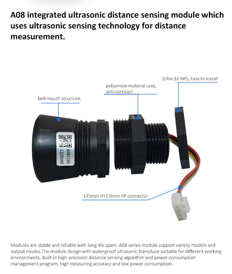 Dyp A08 Water Level And Bin Fill Level Monitoring Narrow Beam Angle Detecting Waterproof 