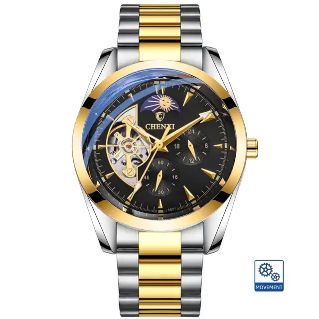 ガンチャン Chenxi 8801 Men's Gold Watch - Fashion Tourbillon Automatic