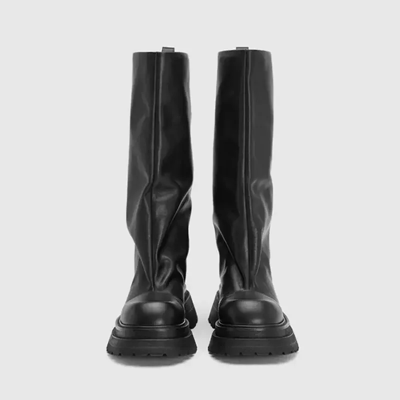 2024 High Platform Long Boots Fashion Black Leather Wide Calf 6cm Thick Sole Women Loose Chunky Knee High Boot - Image 2