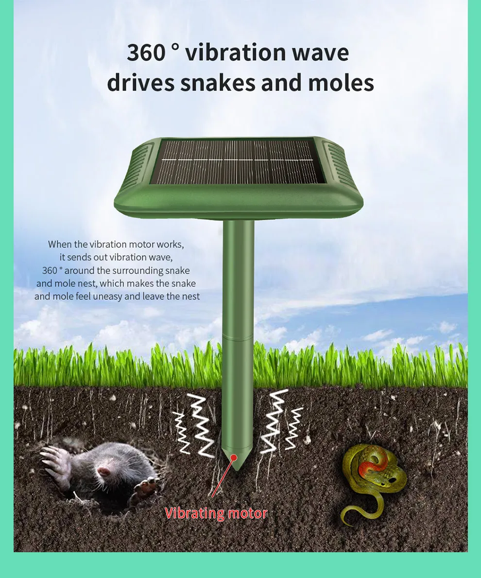 SJZ OEM/ODM High Effective solar or battery powered ultrasonic pest solar snake groundhog mice rat gopher mole repeller details