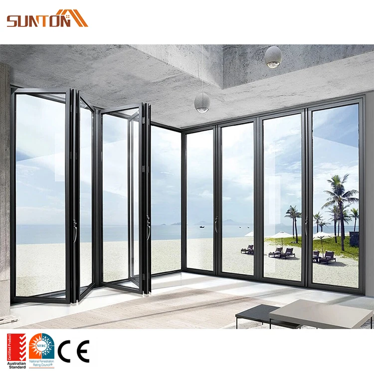 Factory Price Outdoor Metal Movable Bi Fold Doors Exterior Patio Weatherproof Aluminum Glass Sliding Folding Partition Door