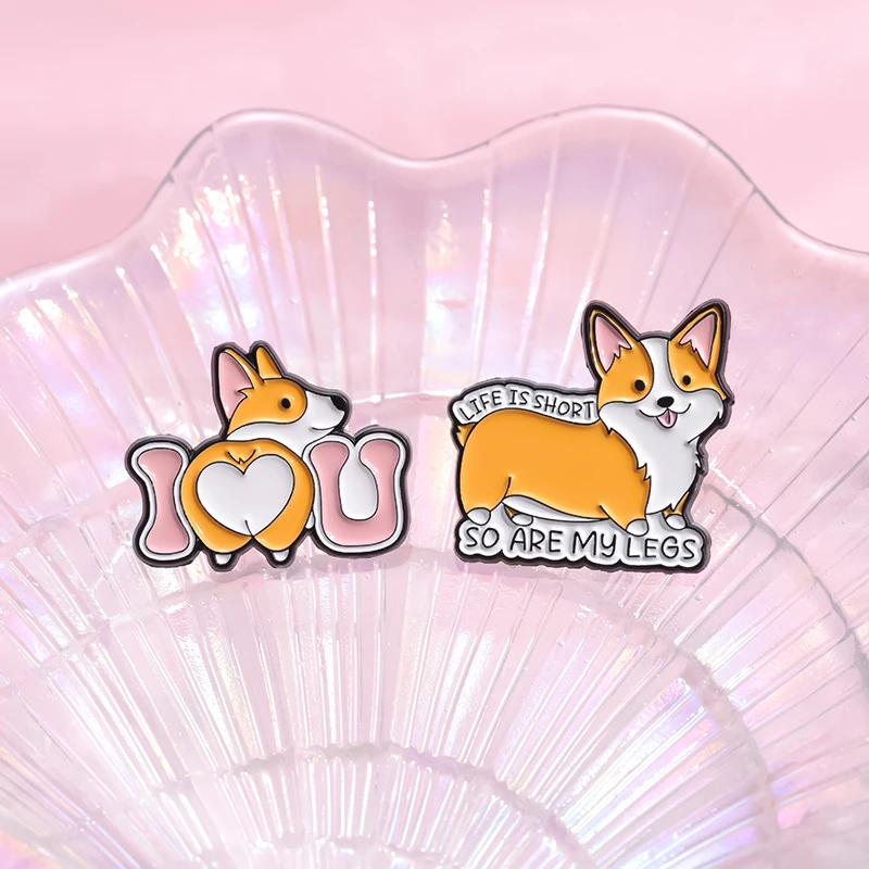 Sming Pins Cartoon Pet Corgi Dog Text Enamel Brooch Fashion