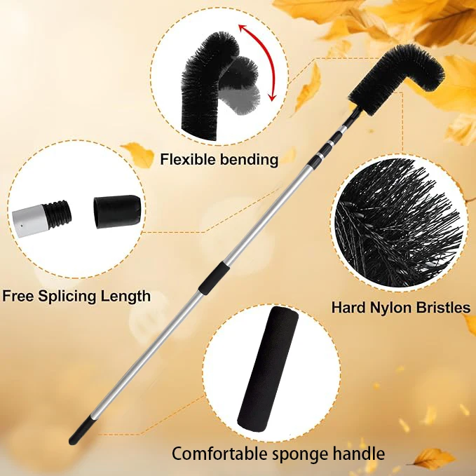12FT Long Handle Gutter Cleaning Brush Aluminum Telescoping Pole Roofing Guard Cleaner Tool with Cobweb Duster for Ceiling