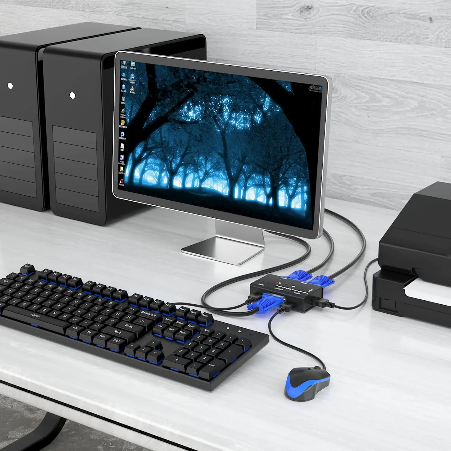 "2-Port VGA KVM Switch 3 USB Hubs PVC Jacket XLR Audio Connectors for 2 Computers Share One Monitor Keyboard Mouse Braid