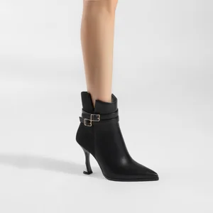 Moncheer Women's Pointed Toe High Heel Ankle Boots with Double Buckle Strap | Elegant Stiletto Booties