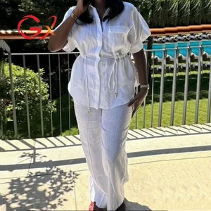 GX6707 Fashion Boutique Vintage Style Summer Clothes Boutique Solid Short Sleeve Drawstring Shirt and Pant 2 Piece Set Women