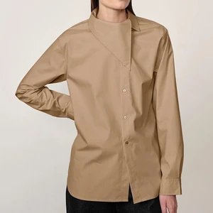 Wisrise Fashion OEM Custom Minimalist Chic Streetwear Women's Tan Asymmetric Collar Long Sleeve Shirt