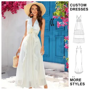 Custom Elegant Floral Belted Women Casual Dress 2025 Summer French Tulle Asymmetrical Maxi Dress