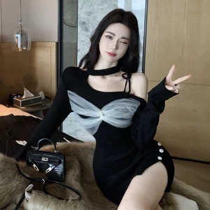 Women's Casual Long-Sleeve Asymmetrical Shoulder Knit Dress - Tight-Fitting Mini Style, Slimming for Spring  Autumn Daily/Dating