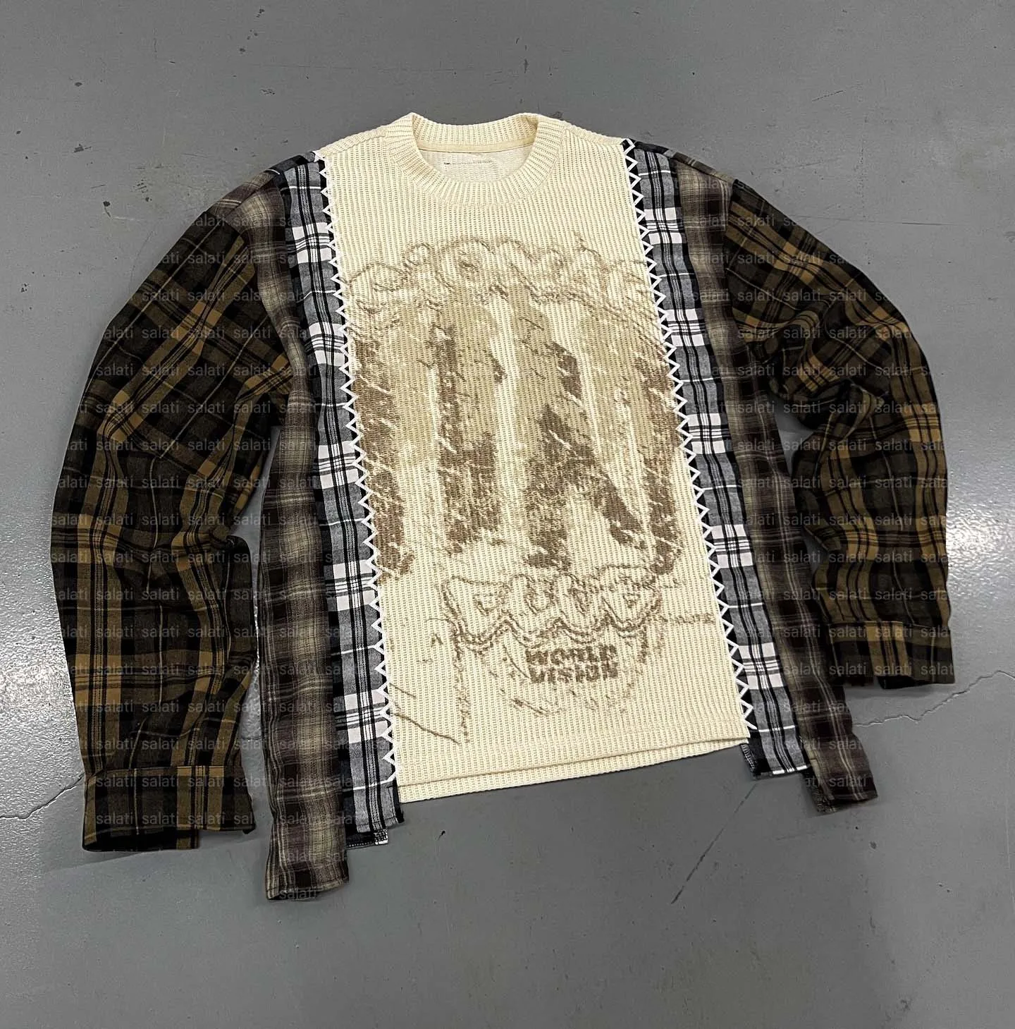 Salati Customize High Quality Patchwork Print Uneven Hem Boxy Fit Oversized Long Sleeve Knitted Sweater Plaid Flannel Shirts Men gallery 7
