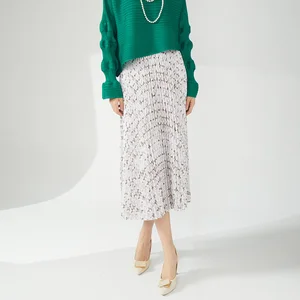 Women's High Waist Long Pleated Skirt Vintage Western Style Stretchy Polyester Fabric Fashionable Casual Design