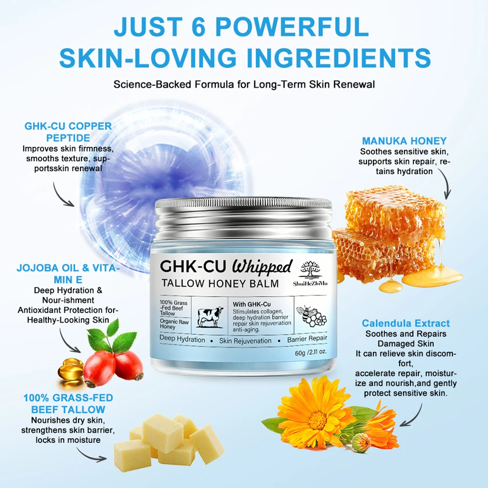 Copper Peptides GHK-Cu Whipped Beef Tallow Balm with Manuka Honey & Vitamin E, Anti Aging Face Body Moisturizer Skin Care OEM