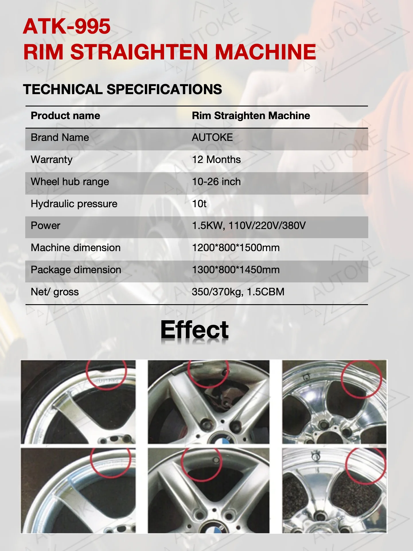 Automatic Wheel Straightening Machine with 10-26 Inch Hub Range 10t Hydraulic Pressure and 1.5KW Power