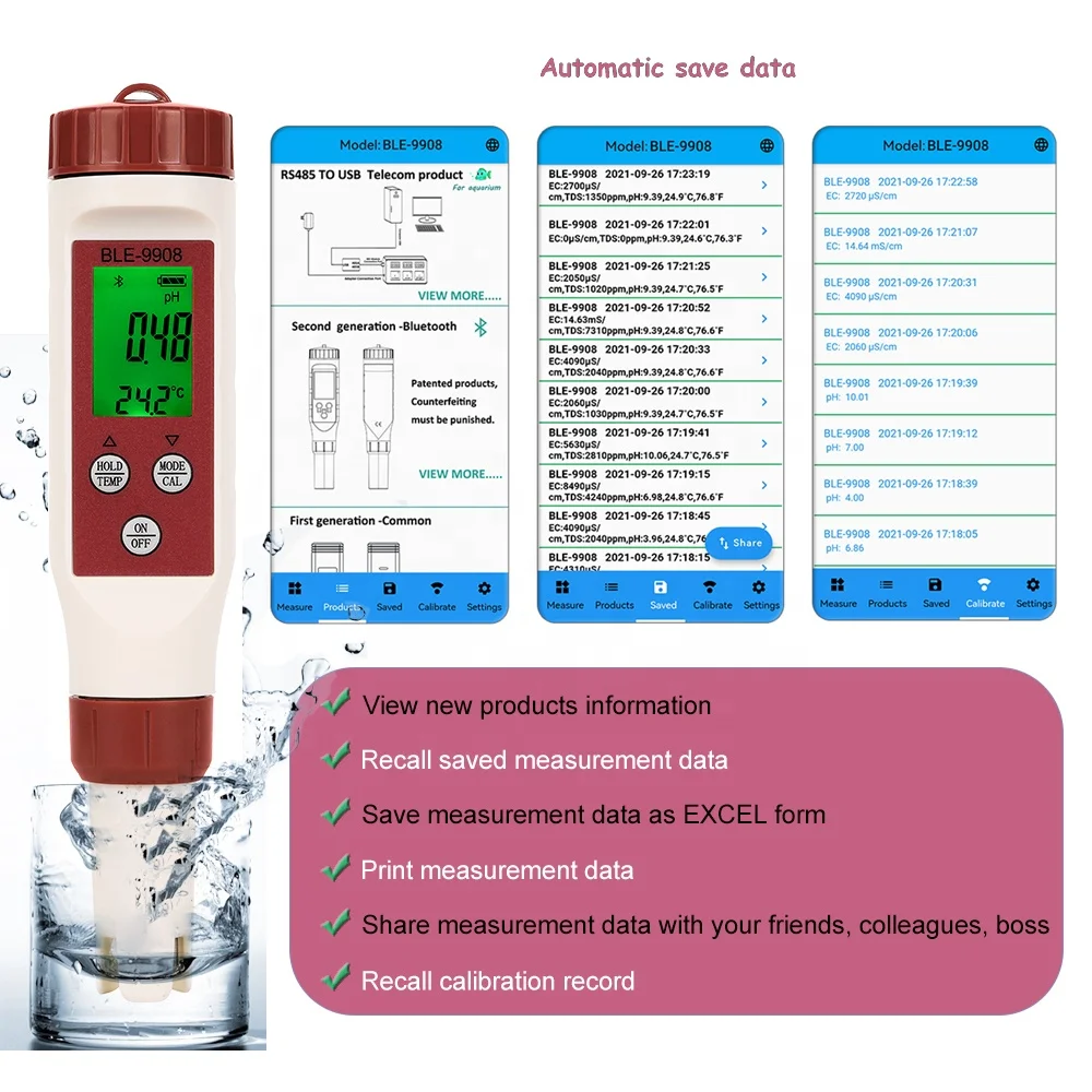 Ble9908 Smart Bluetooth Portable Handle Water 4 In 1 Ph Tds Temp Ec Conductivity Meter Tester