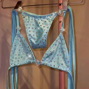 Huili Swimwear Manufacturer Custom High Quality Luxury Striped Crystal Swimsuit Women's Rivet Two Piece Set Rhinestone Bikini