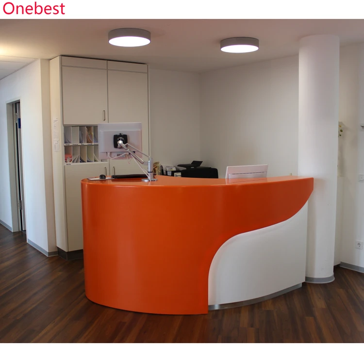Dark Red Long Reception Desk Pictures Artificial Stone Wave Shape Hotel Lobby Service Counter for Sale