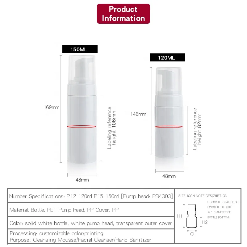 Empty Plastic Foam Pump Bottle 120ml 150ml White Pet Facial Cleanser Mousse Foam Pump Bottle