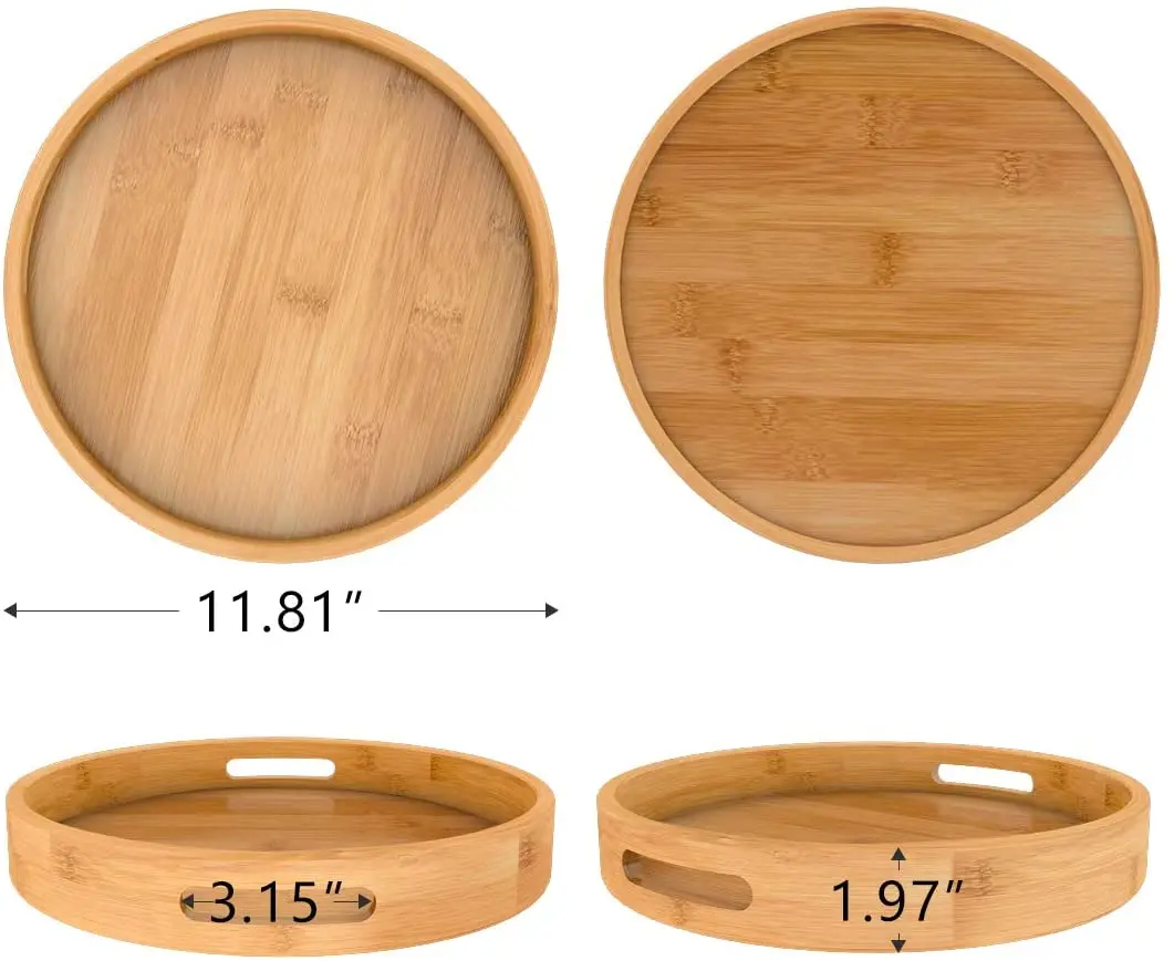 High quality china custom round wood crafts food serving tray wooden floating bamboo service rolling tray with handles for tea